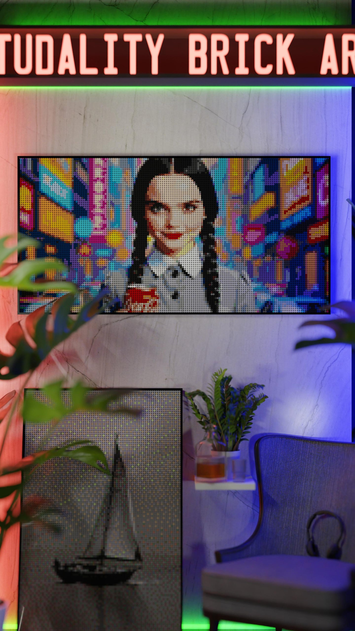 Wednesday Addams LEGO® Style mosaic wall art made from colorful plastic bricks